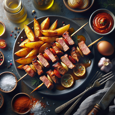 Spanish Pork Loin Pinchos with Patatas Bravas and Aioli