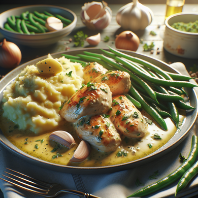 Creamy Garlic Chicken with Potato Mash and Green Beans
