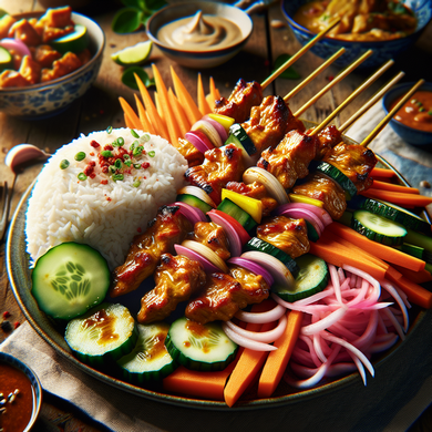 Chicken Satay Skewers with Quick Pickled Vegetables and Rice