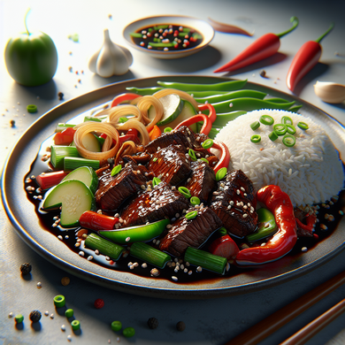 Black Pepper Oyster Blade Beef Stir-Fry with Jasmine Rice and Quick Cucumber Pickle