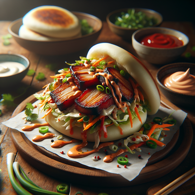 Crispy Pork Belly Bao with Asian Slaw and Sriracha Mayo