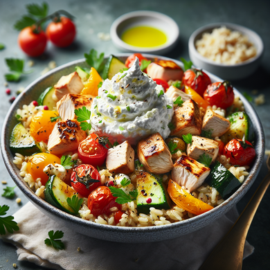 Whipped Feta Chicken Bowls with Roast Veg and Herby Rice
