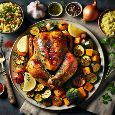 Roasted Spiced Chicken with Herb Couscous and Roasted Vegetables
